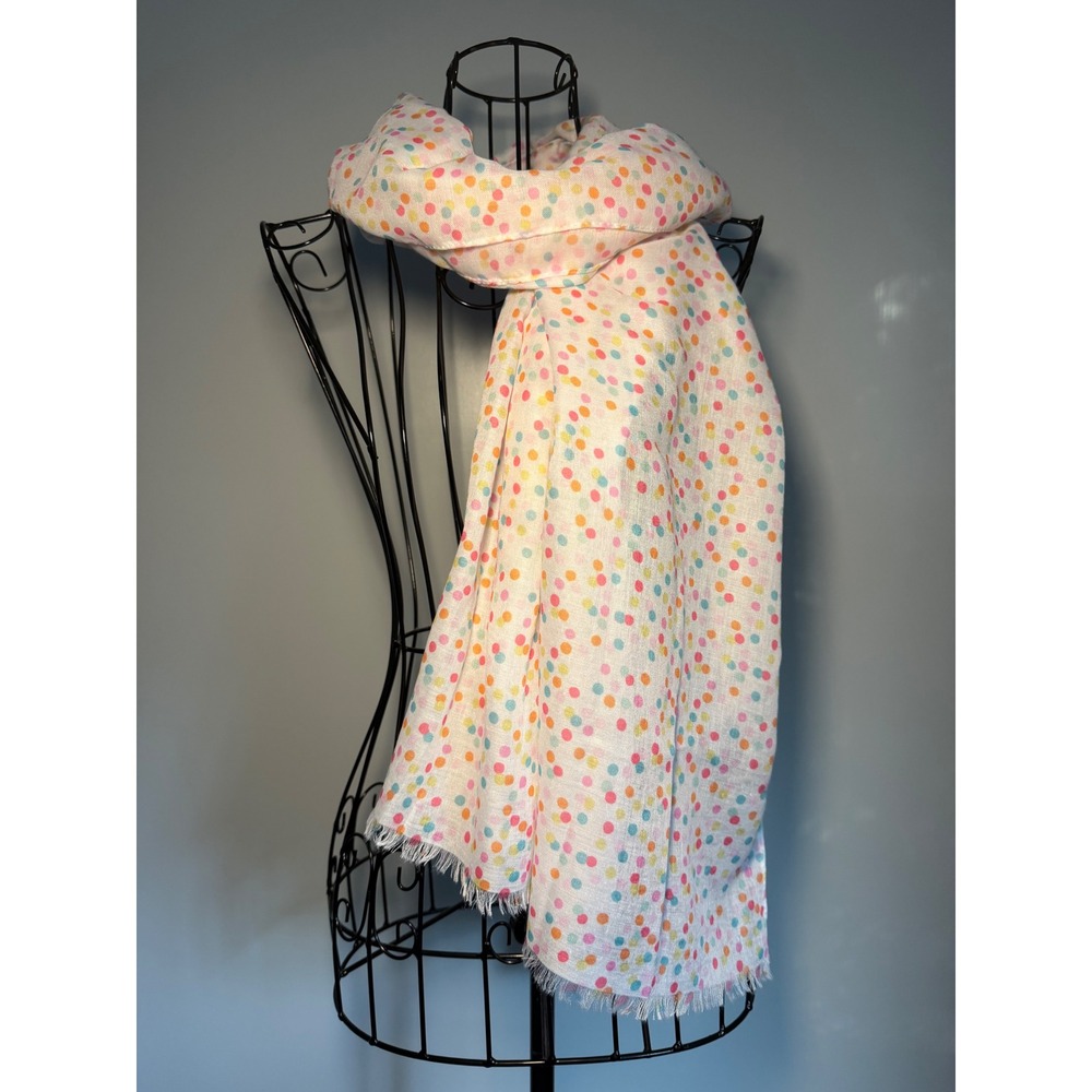Avenue 9 Multicolor Polka Dot Scarf White Lightweight Fringed Wrap 67x25.5 NWT